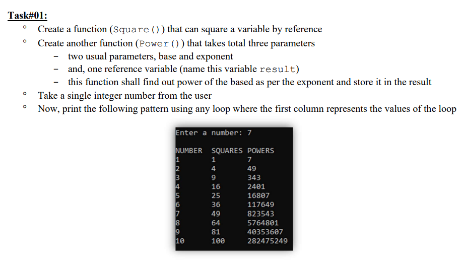 Solved Task#01: Create a function (Square ()) that can | Chegg.com image.