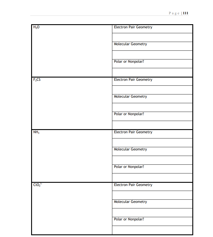 Solved Page 111 H20 Electron Pair Geometry Molecular | Chegg.com