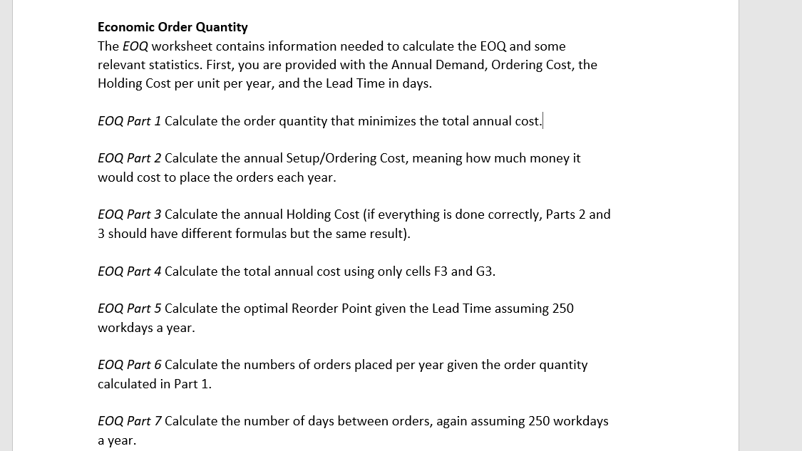 Solved Economic Order Quantity The EOQ worksheet contains | Chegg.com