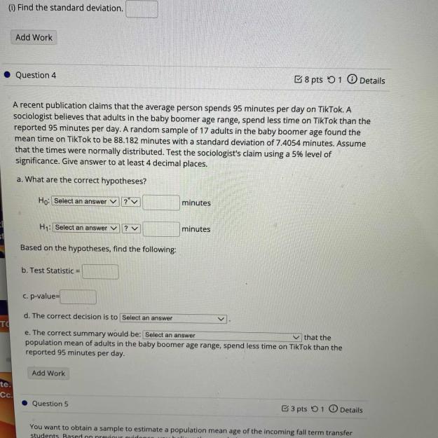 Solved (i) Find the standard deviation. Question 4 『 8 pts | Chegg.com