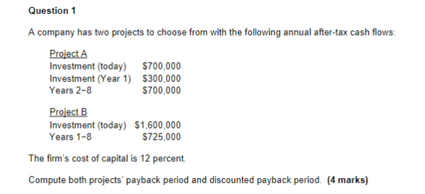 Solved Question 1 A Company Has Two Projects To Choose From | Chegg.com