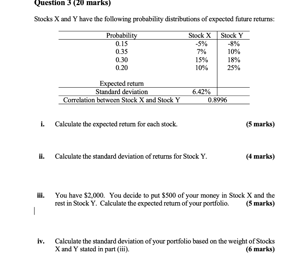 Solved Question 3 (20 marks) Stocks X and Y have the
