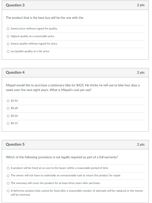Solved Question 3 2 pts The product that is the best buy | Chegg.com