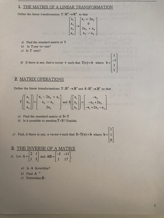 Solved 1. THE MATRIX OF A LINEAR TRANSFORMATION Define the | Chegg.com