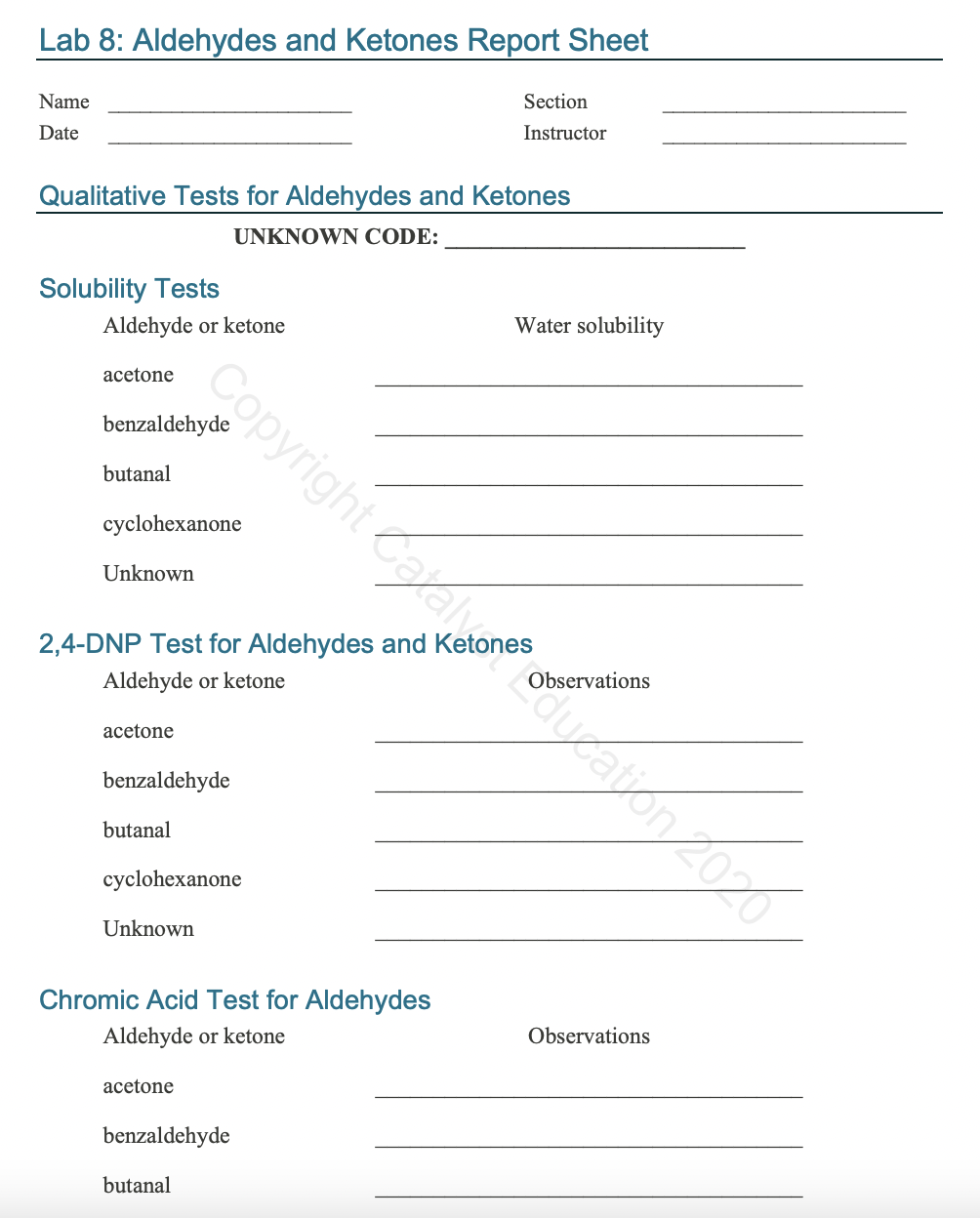 Solved Lab 8 Aldehydes and Ketones Report Sheet Name Date