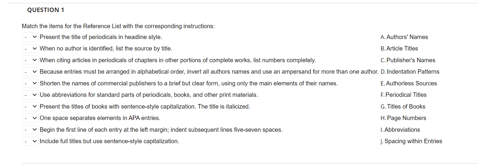 Match the items for the Reference List with the | Chegg.com