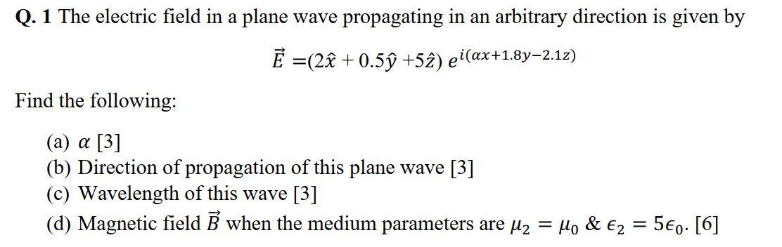 Solved Q. 1 The electric field in a plane wave propagating | Chegg.com