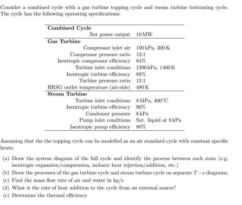 Solved Consider a combined cycle with a gas turbine topping | Chegg.com