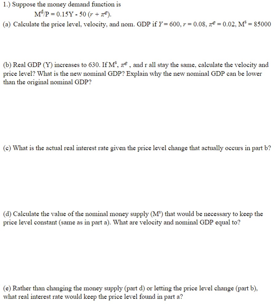 Solved 1.) ﻿Suppose The Money Demand Function | Chegg.com