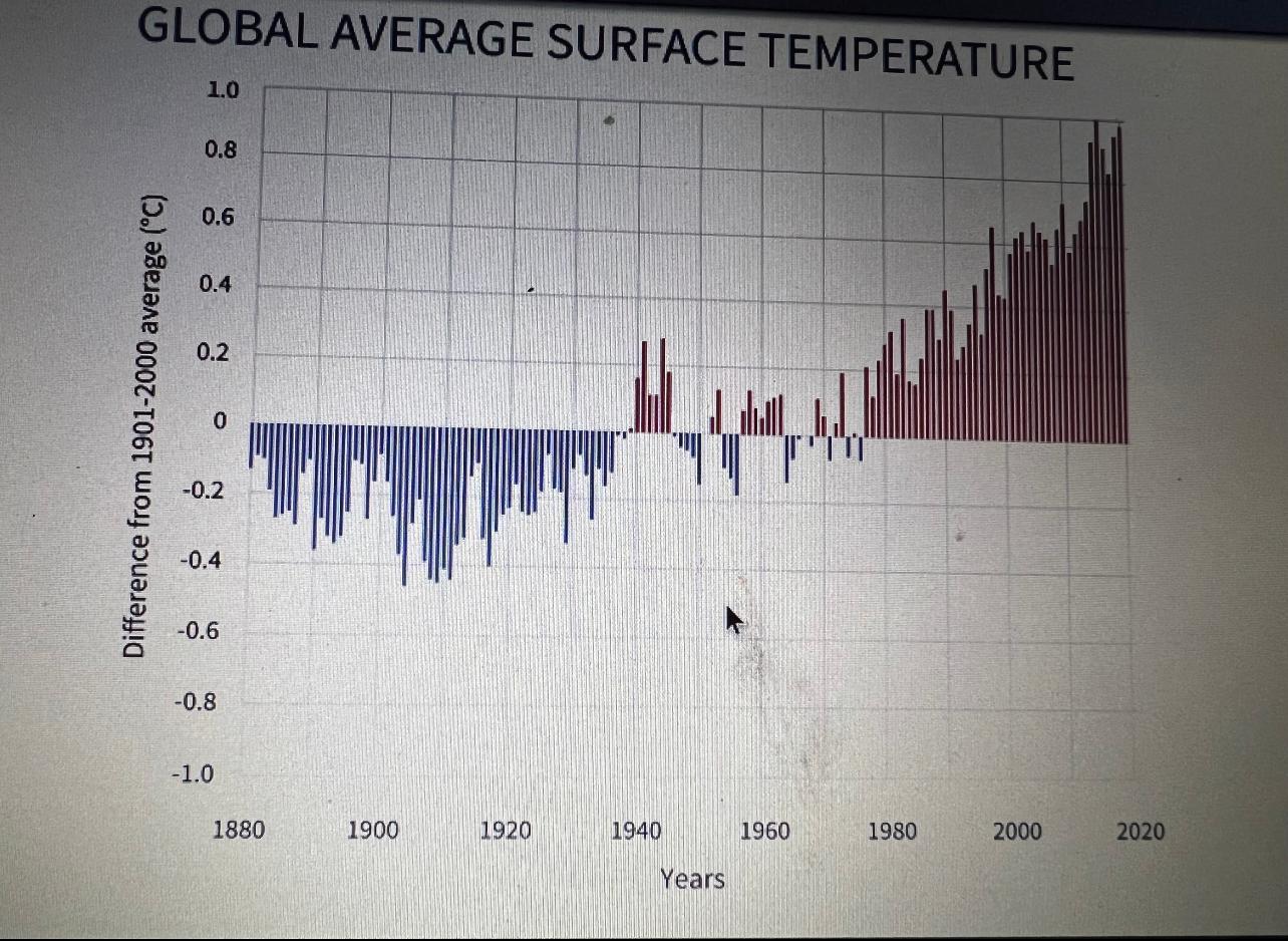 GLOBAL AVERAGE SURFACE TEMPERATURE
1.0
0.8
0.6
0.4
0.2
0
-0.2
-0.4
-0.6
-0.8
-1.0
1940
1960
1980
2000
Difference from 1901-20