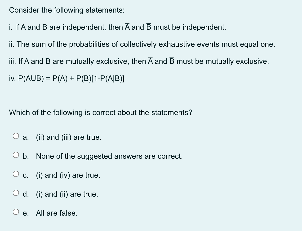 Solved Consider The Following Statements: I. If A And B Are | Chegg.com