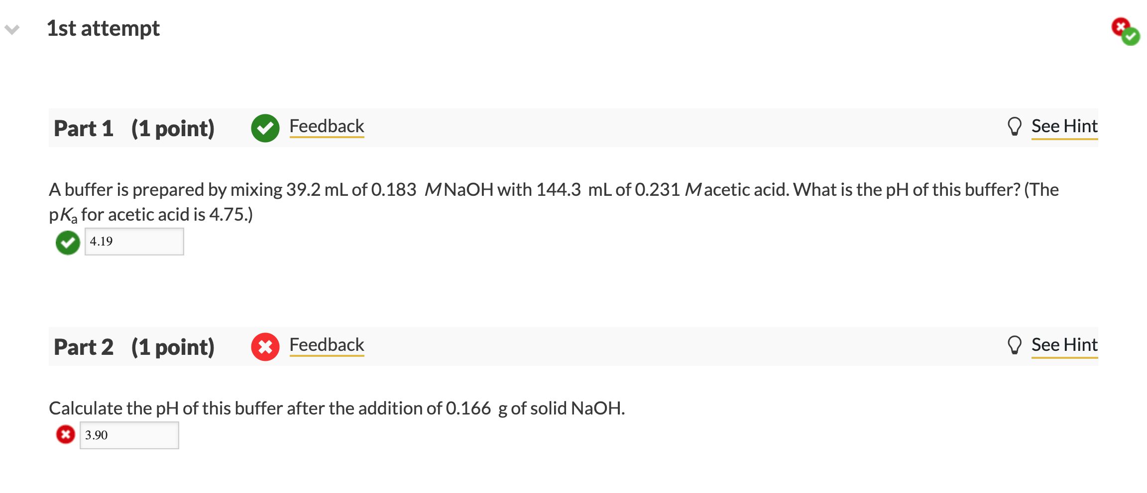 Solved 1st attempt Part 1 (1 point) Feedback ♡ See Hint A | Chegg.com