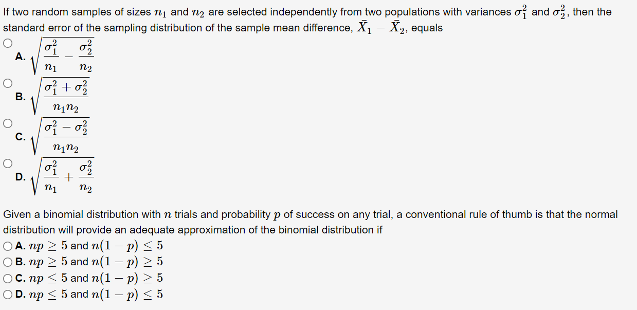 Solved If two random samples of sizes ni and n2 are selected