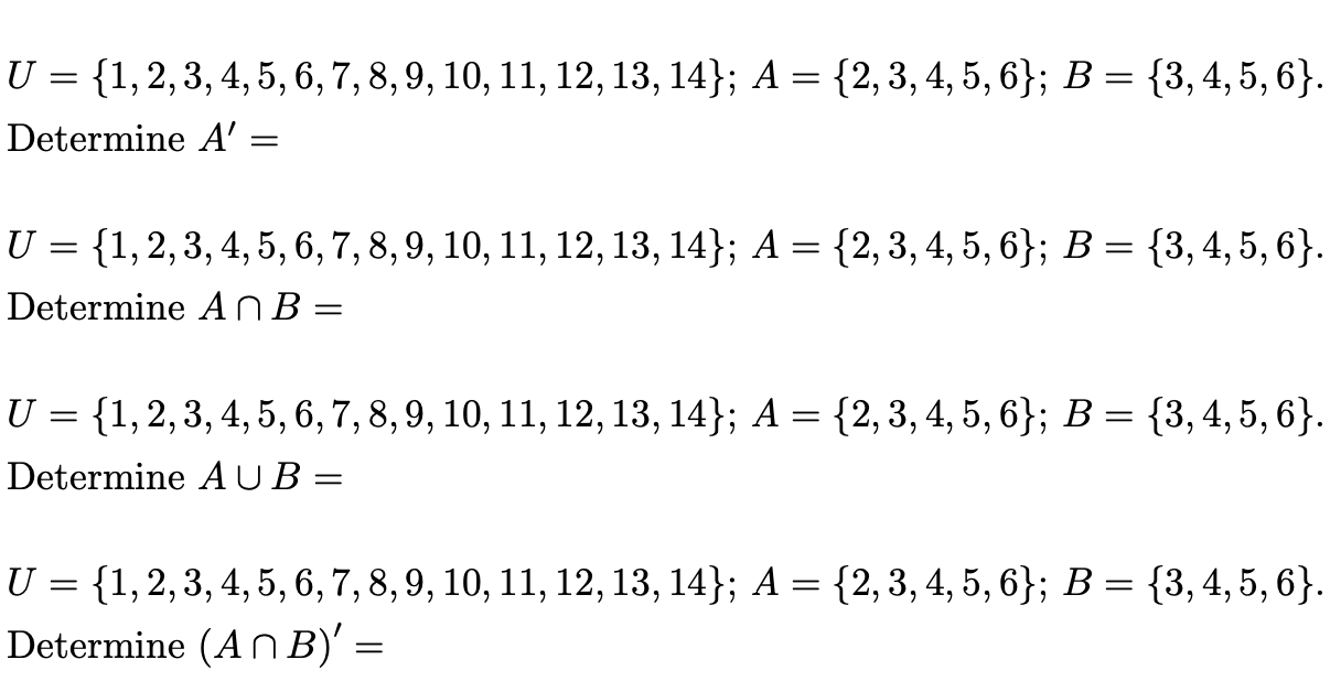 Solved U = {1,2,3,4,5,6,7,8,9, 10, 11, 12, 13, 14}; A = | Chegg.com