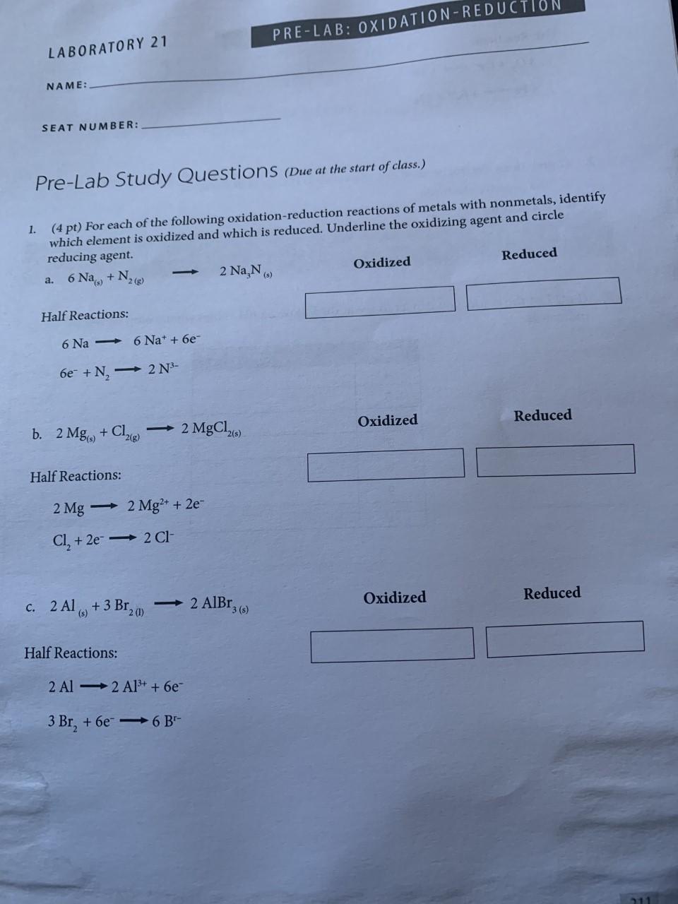 Solved PRE-LAB: OXIDATION-REDUCTION LABORATORY 21 NAME: SEAT | Chegg.com