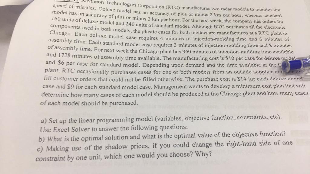 Solved speed of missiles, Deluxe model Corporation (RTC) | Chegg.com