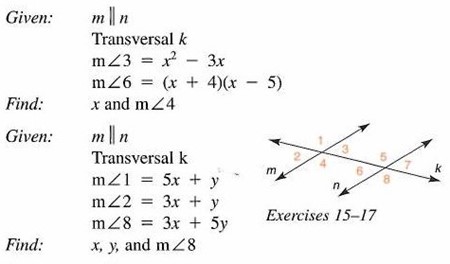 \( \begin{array}{l}\mathrm{m} \angle 3=x^{2}-3 x \\ \mathrm{~m} \angle 6=(x+4)(x-5) \\ x \text { and } \mathrm{m} \angle 4 \\