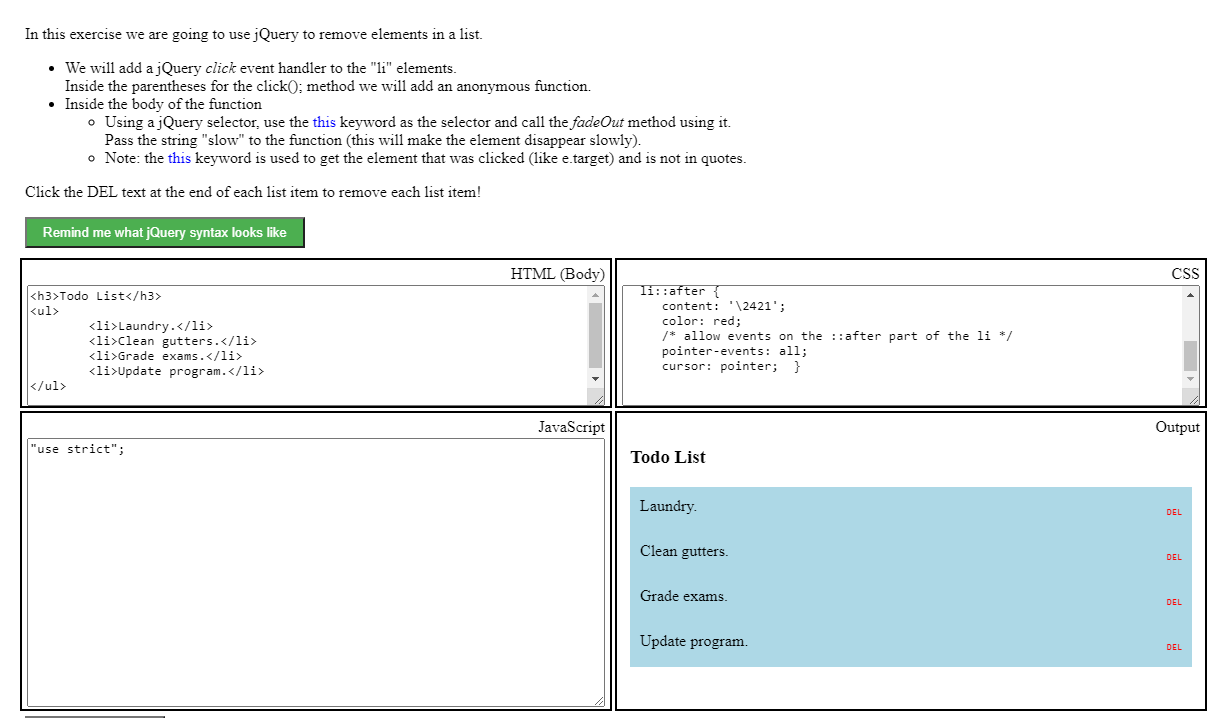 Solved In this exercise we are going to use jQuery to remove | Chegg.com