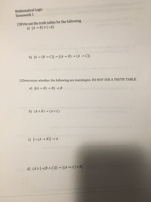 Solved Mathematical Logic Homework1 1)Write out the truth | Chegg.com