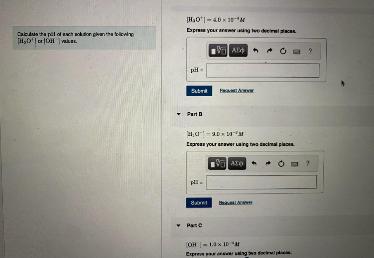 Solved [H3O+]=4.0×10−4M Calculate the pH of each solution | Chegg.com