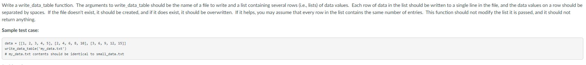 Solved part 1 Write a write_data_table function. The | Chegg.com