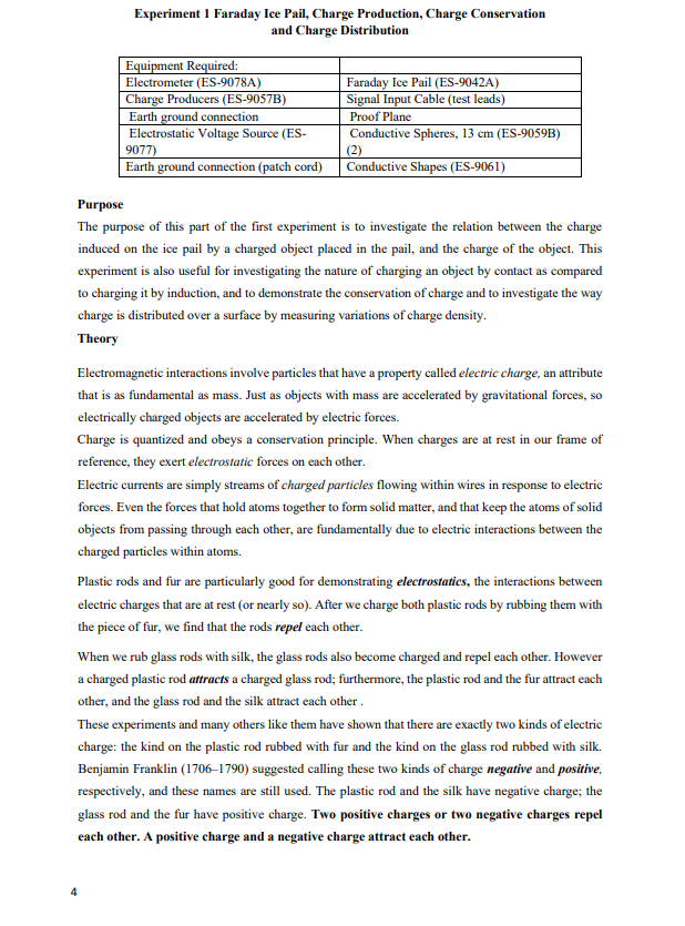 Solved Experiment 1 Faraday Ice Pail, Charge Production,