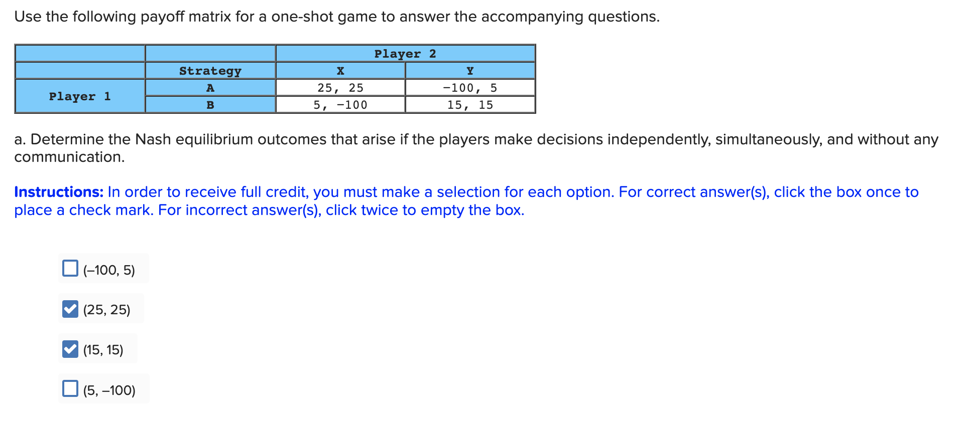 solved-use-the-following-payoff-matrix-for-a-one-shot-game-chegg