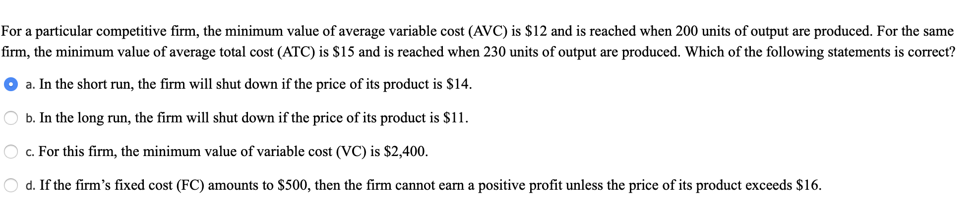 Solved For a particular competitive firm, the minimum value | Chegg.com