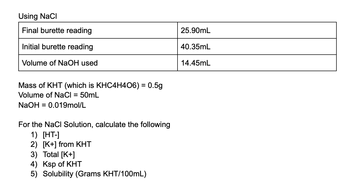 Solved Using NaCl Final burette reading 25.90mL Initial