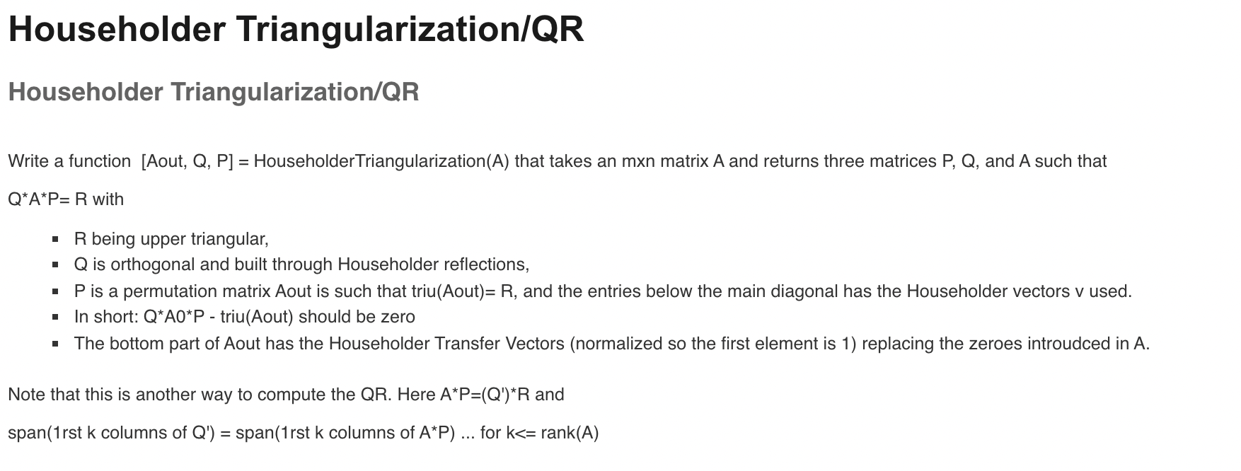 Householder Triangularization/QR Householder