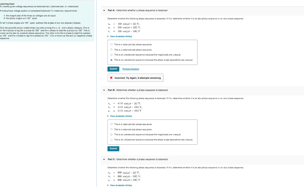 Solved - Part A - Determine whether a phase sequence is | Chegg.com