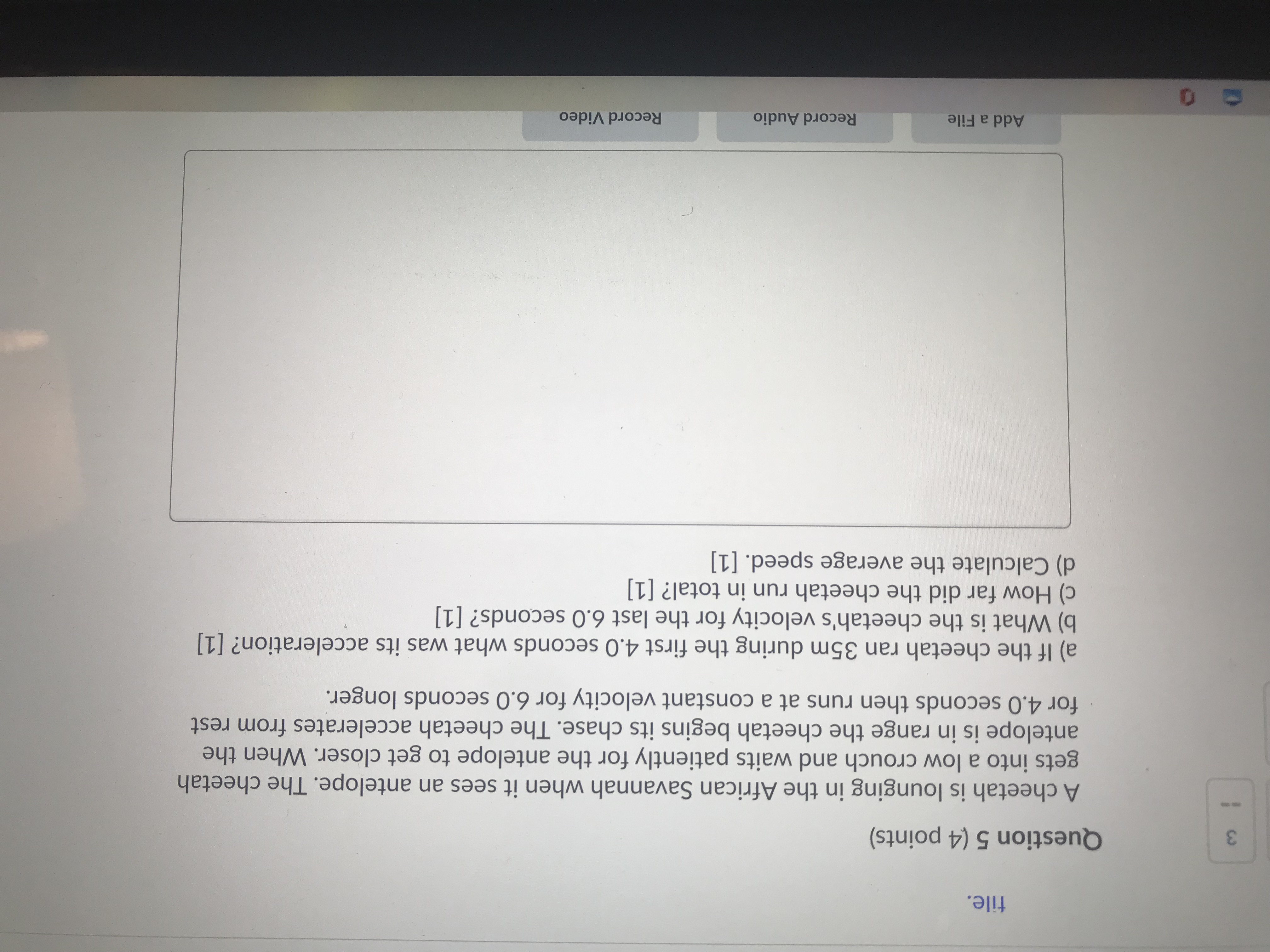 Solved file. 3 Question 5 (4 points) - A cheetah is lounging | Chegg.com