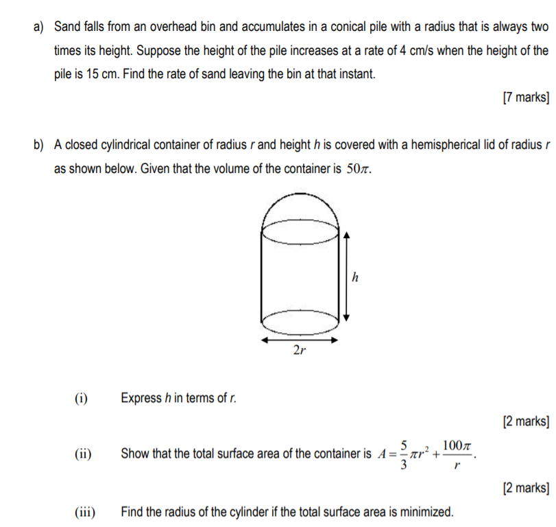 Solved a) Sand falls from an overhead bin and accumulates in | Chegg.com