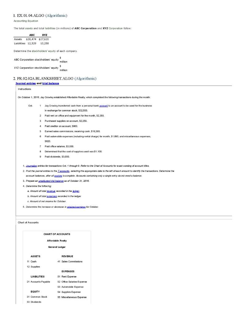 Solved 1. EX.01.04. ALGO (Algorithmic) Accounting Equation | Chegg.com