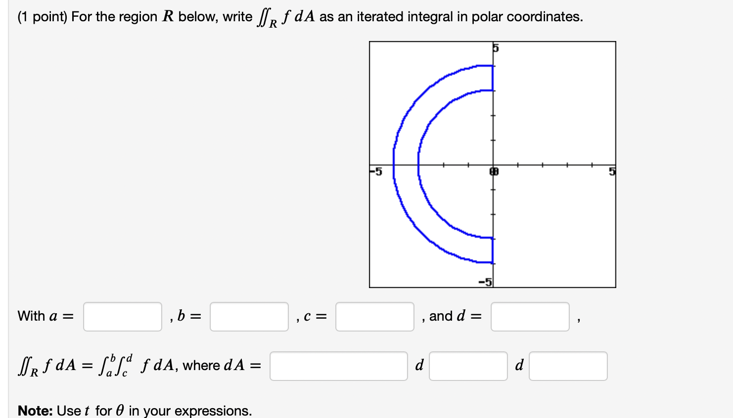 Solved (1 point) For the region R below, write ∬RfdA as an | Chegg.com