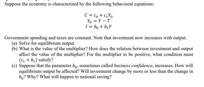 Solved Suppose The Economy Is Characterized By The Following | Chegg.com