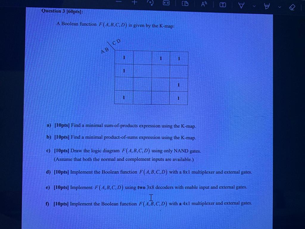 Solved A Boolean Function F(A,B,C,D) Is Given By The K-map: | Chegg.com