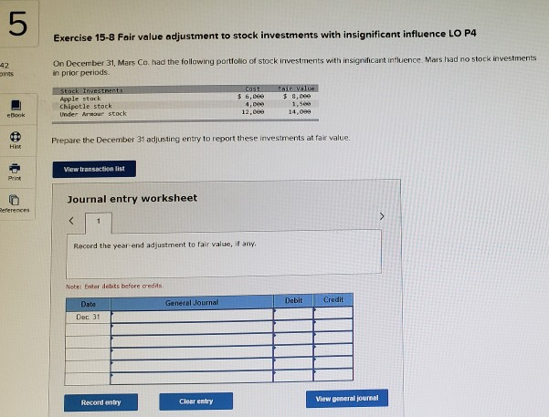 Exercise 15-8 Fair value adjustment to stock | Chegg.com