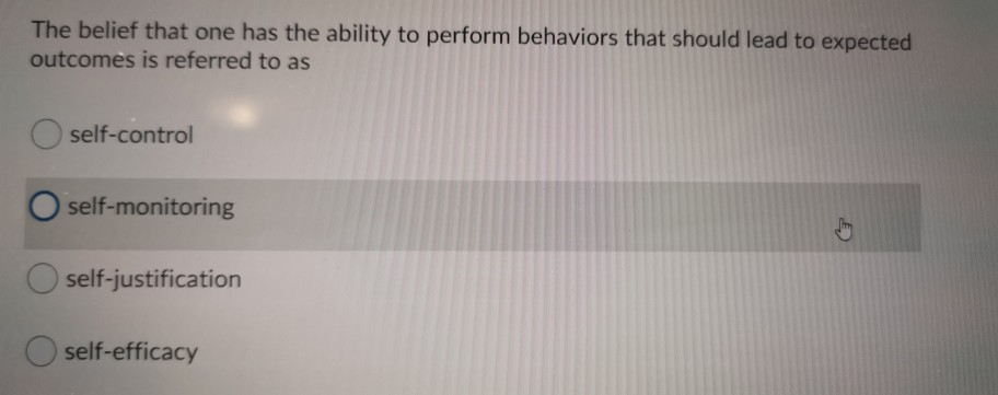 Solved The belief that one has the ability to perform | Chegg.com