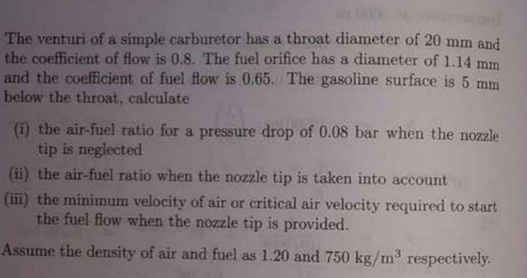 Solved а a The venturi of a simple carburetor has a throat