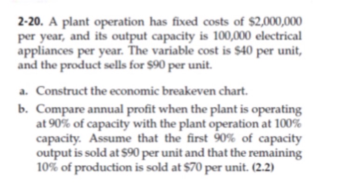 Solved 2-20. A plant operation has fixed costs of $2,000,000 | Chegg.com
