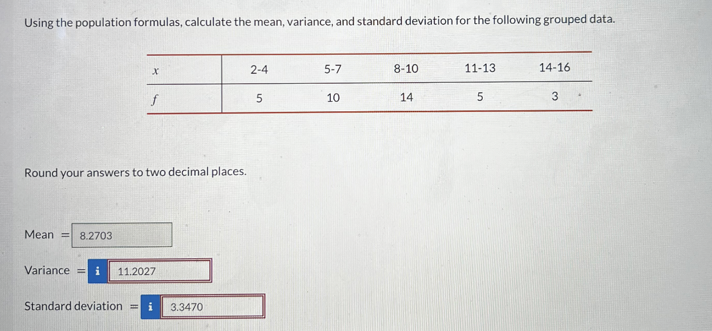 Using the population formulas, calculate the mean, variance, and standard deviation for the following grouped data.
Round you