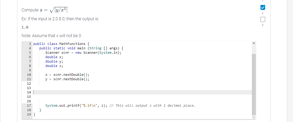 Solved Compute: z=∣y/x3∣ Ex: If the input is 2.08 .0 , then | Chegg.com