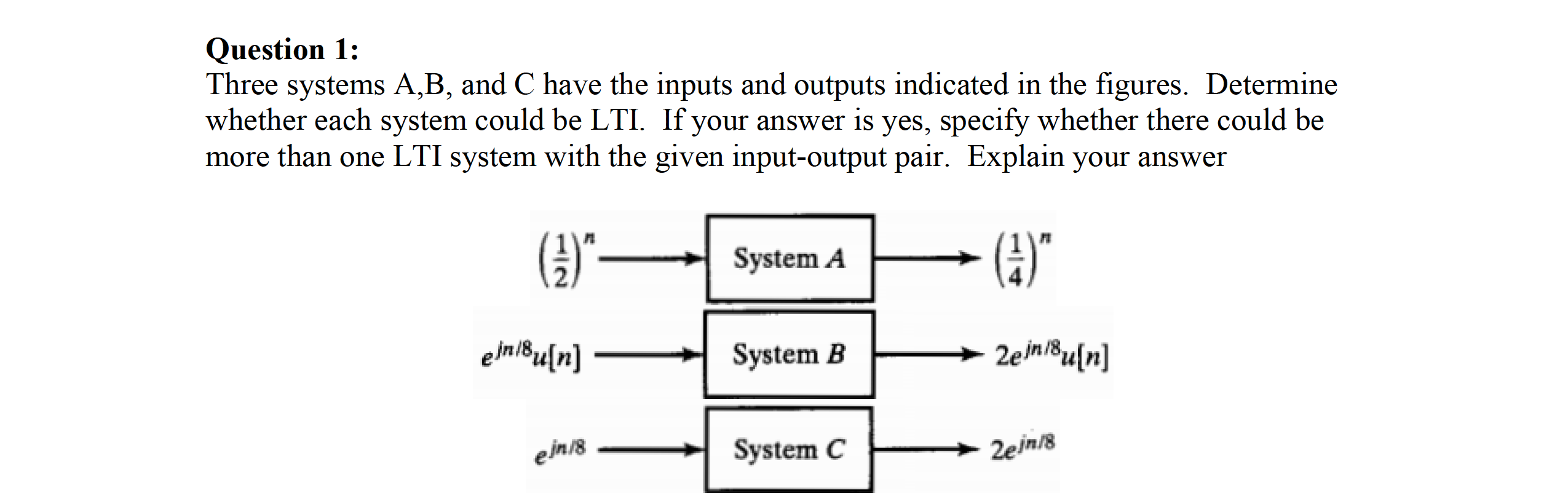 Solved Question 1: Three Systems A,B, And C Have The Inputs | Chegg.com