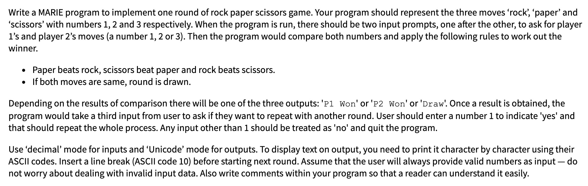 Solved Write a MARIE program to implement one round of rock | Chegg.com