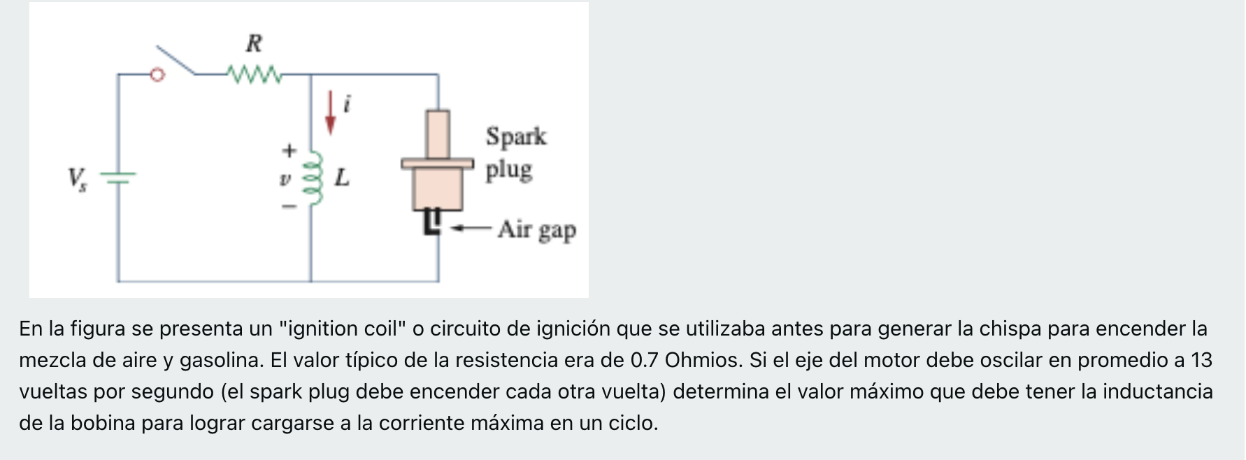 R Spark plug ell L Air gap En la figura se presenta un ignition coil o circuito de ignición que se utilizaba antes para gen