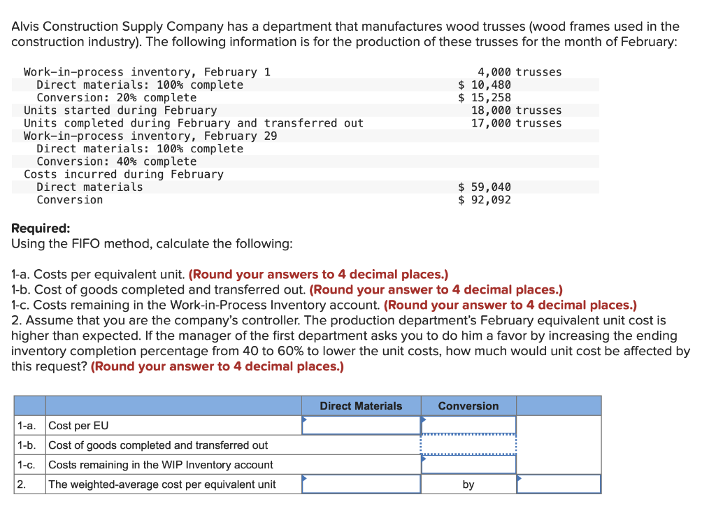 Solved Alvis Construction Supply Company has a department