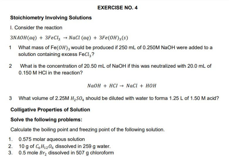 Solved Exercise No 4 Stoichiometry Involving Solutions I Chegg Com