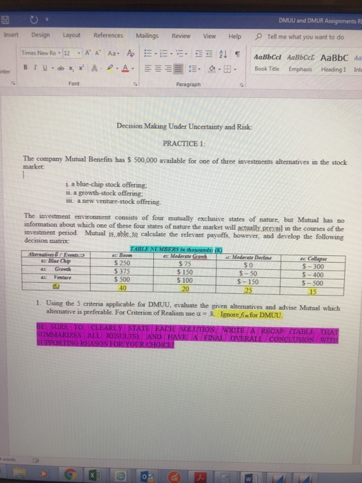 Solved DMUU and DMUR Assignments R Insert Design Layout | Chegg.com