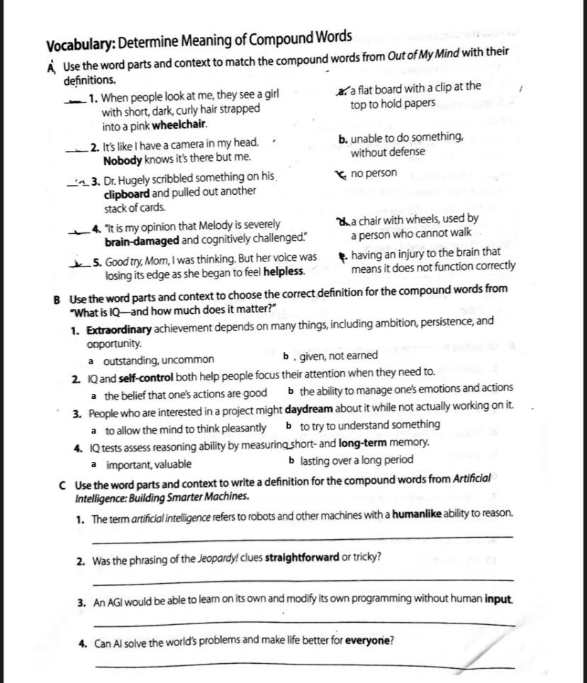 Vocabulary: Determine Meaning of Compound Words A.